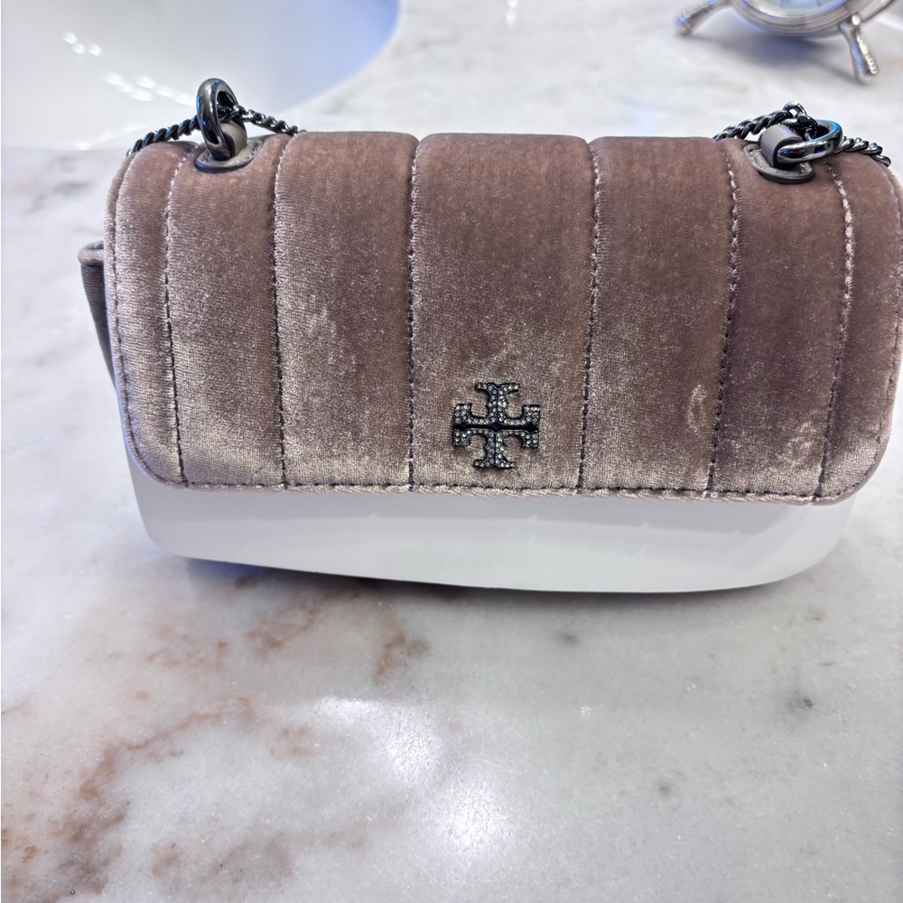 Tory Burch Velvet Crossbody Bag in Taupe and White